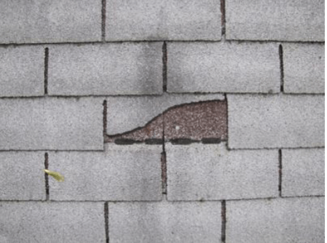 Uneven tears in asphalt shingles are just one indicator that something other than wind caused the loss.