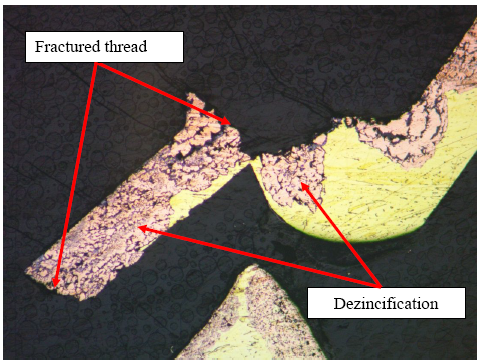 By using the proper tools, a metallurgical analysis of a brass fitting may show dezincification, as it did here.