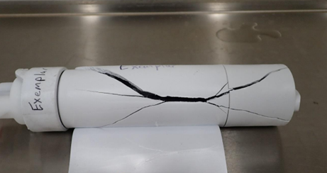 This exemplar water filter displays branching fractures typical of freeze failures.