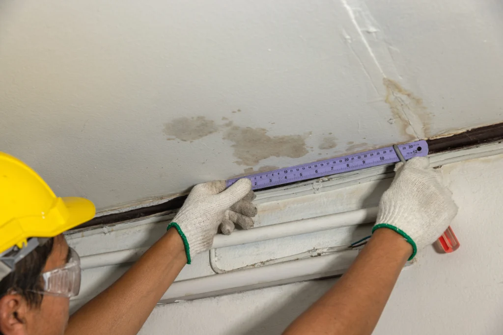 Ceiling stains of varying colors that feature overlapping patterns could suggest a leak has been damaging the property.
