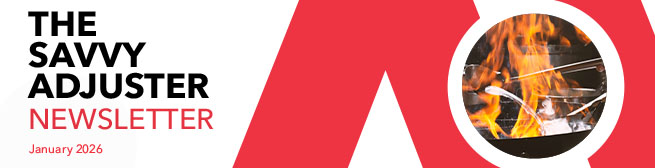 The Savvy Adjuster newsletter showcasing articles and tips for insurance professionals in a sleek, modern layout.