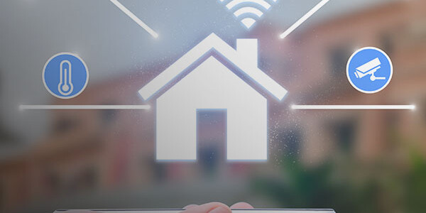 Various smart home devices displayed, featuring a smart thermostat, light bulbs, door locks, and a security camera, illustrating home automation.