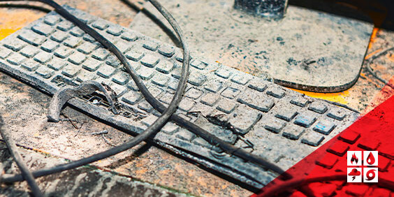 A damaged keyboard with smoke stains and a mouse are placed on a table.