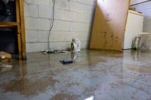 A flooded basement featuring a refrigerator and a cardboard box partially submerged in water.